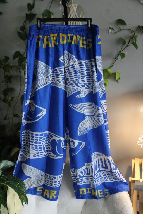 Pants - Blue Sardines Print Wide Leg Palazzo Pants  | XL Fit